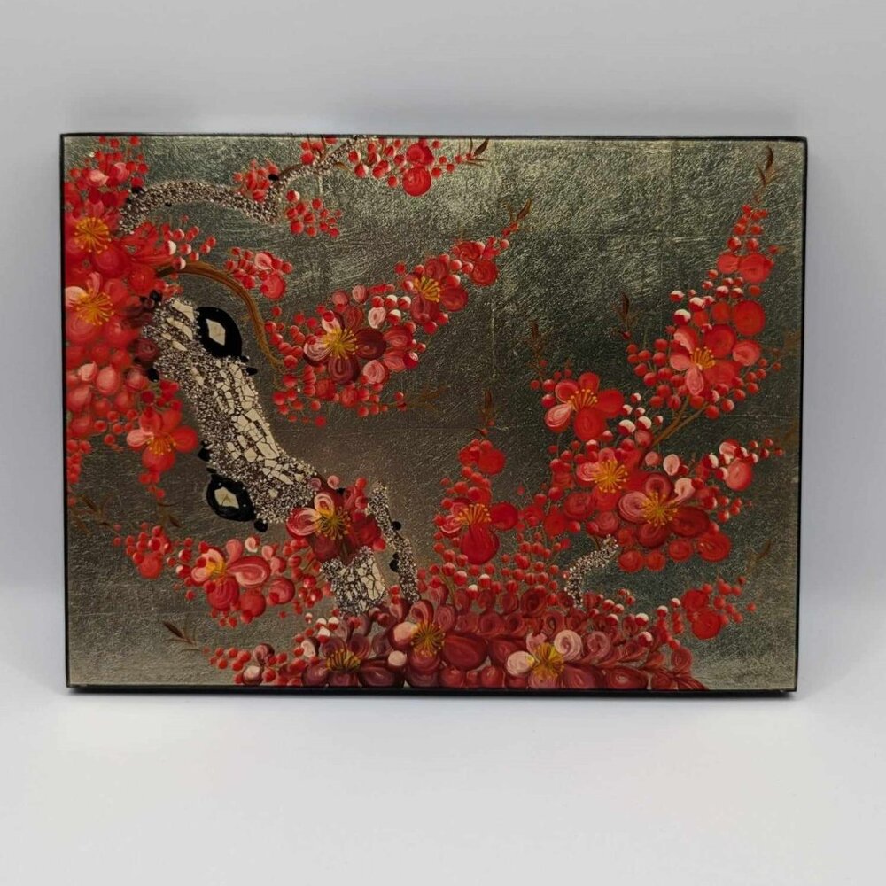 Georgeous Japanese Gold Leaf Painting with Red Flowers on Wood - 8" x 6"